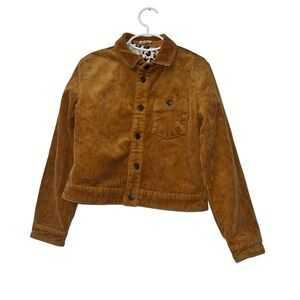 Finding Foxtale Brown Corduroy Jacket snap front jacket sz 8 leopard print trim
